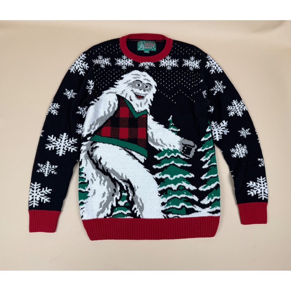 Ugly Christmas Sweater M Bigfoot Yeti Holiday Plaid Vest Snowflakes Black